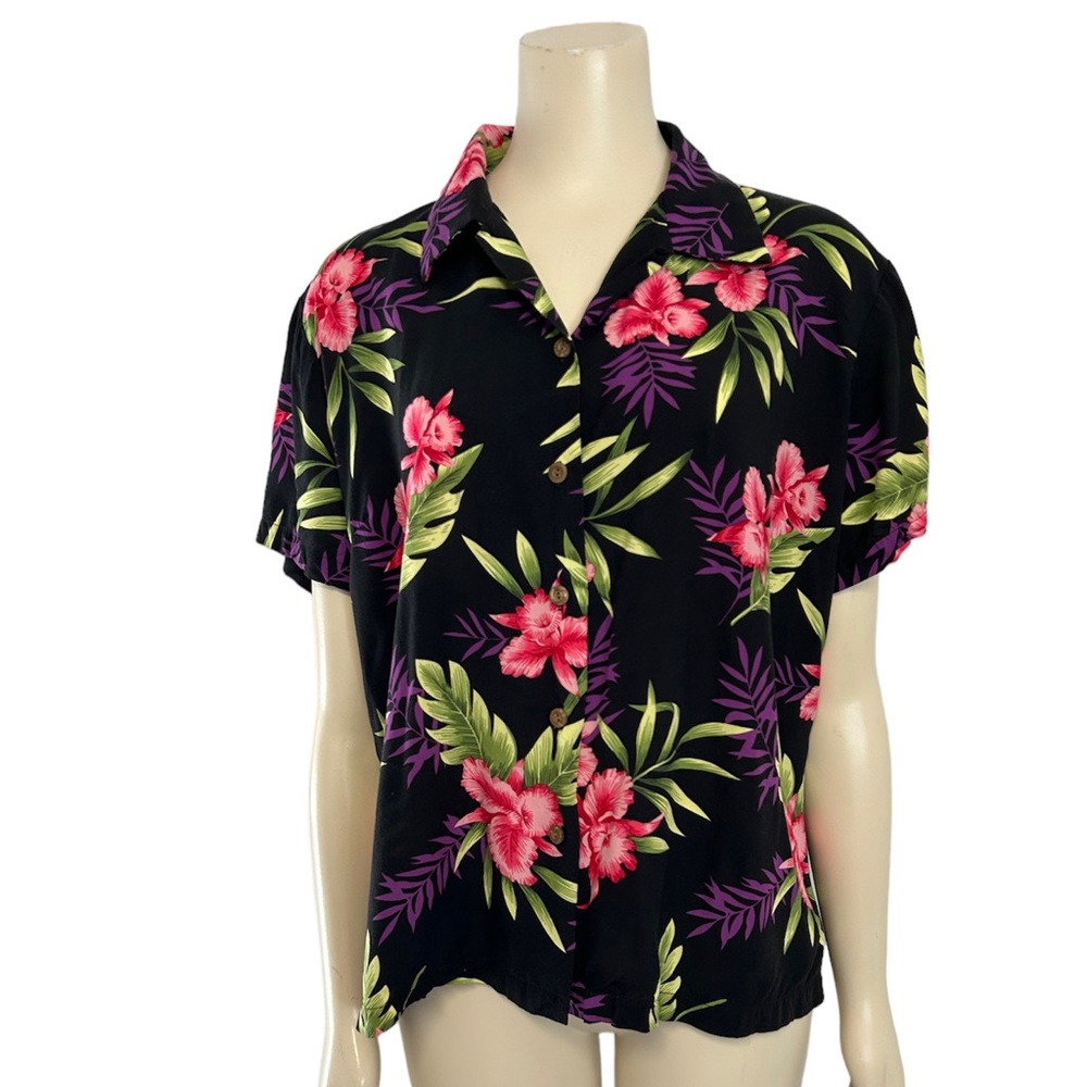 Two Palms Hawaii Aloha Hibiscus Button Shirt Womens Large‎ Black Pink